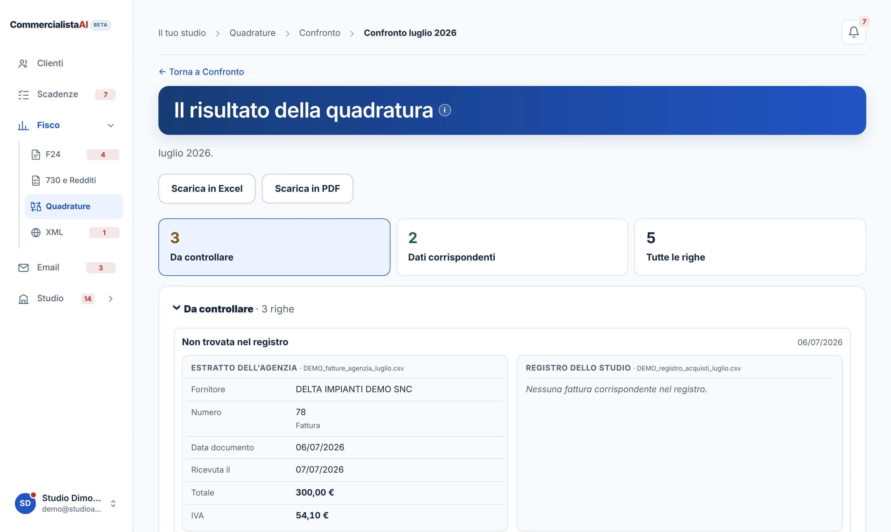 Confronto fra le fatture dell’Agenzia e il registro dello studio: tre righe da controllare, due corrispondenti e una fattura che manca nel registro