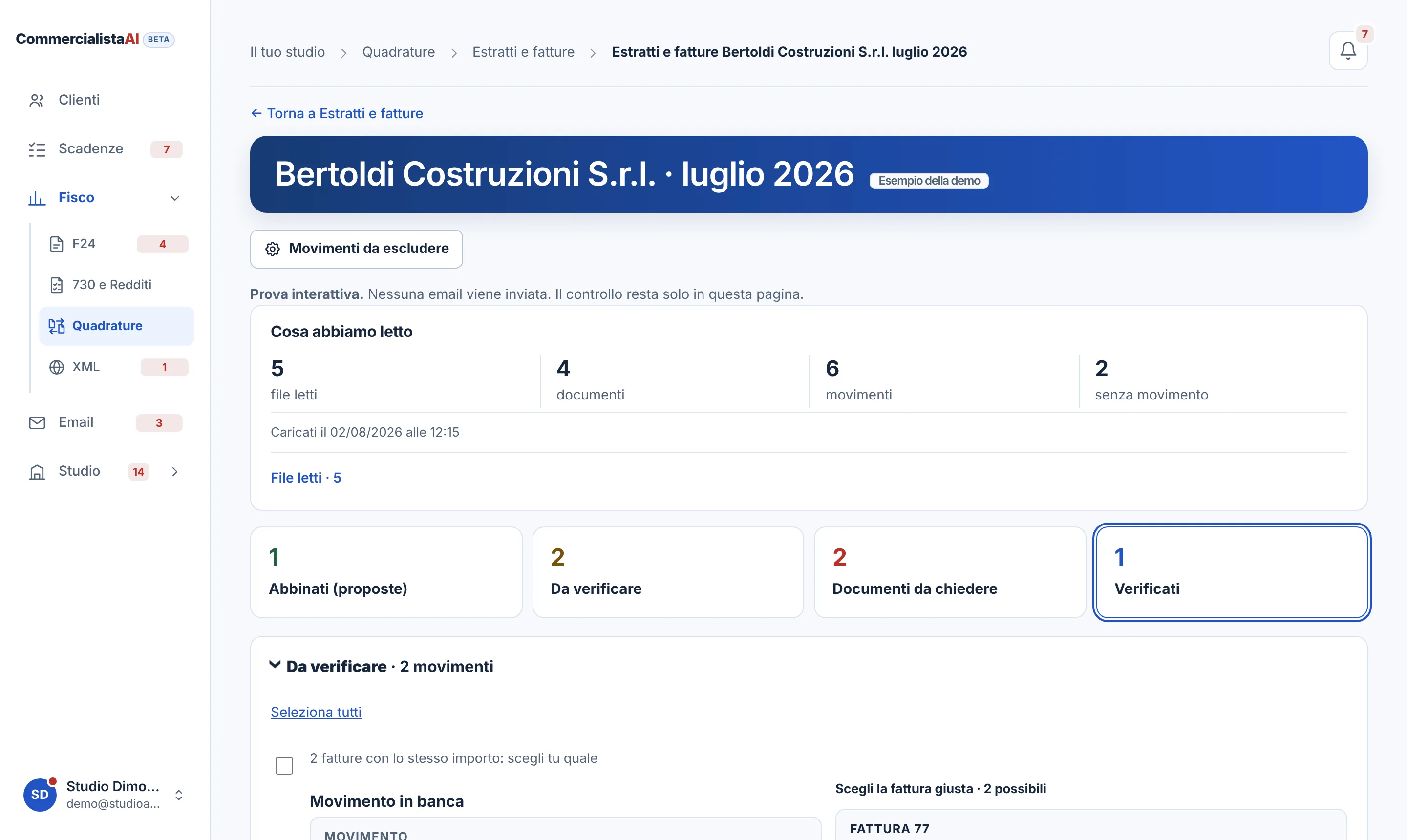 Estratti e fatture: cosa ha letto il programma, i pagamenti abbinati alle fatture, quelli da verificare e i documenti da chiedere
