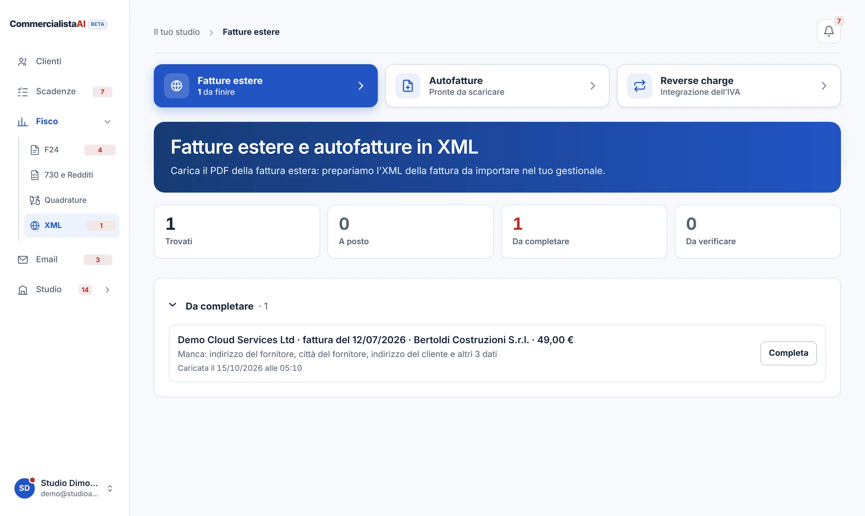Fatture estere: la fattura di un fornitore estero letta dal PDF, con i dati da completare prima dell’XML