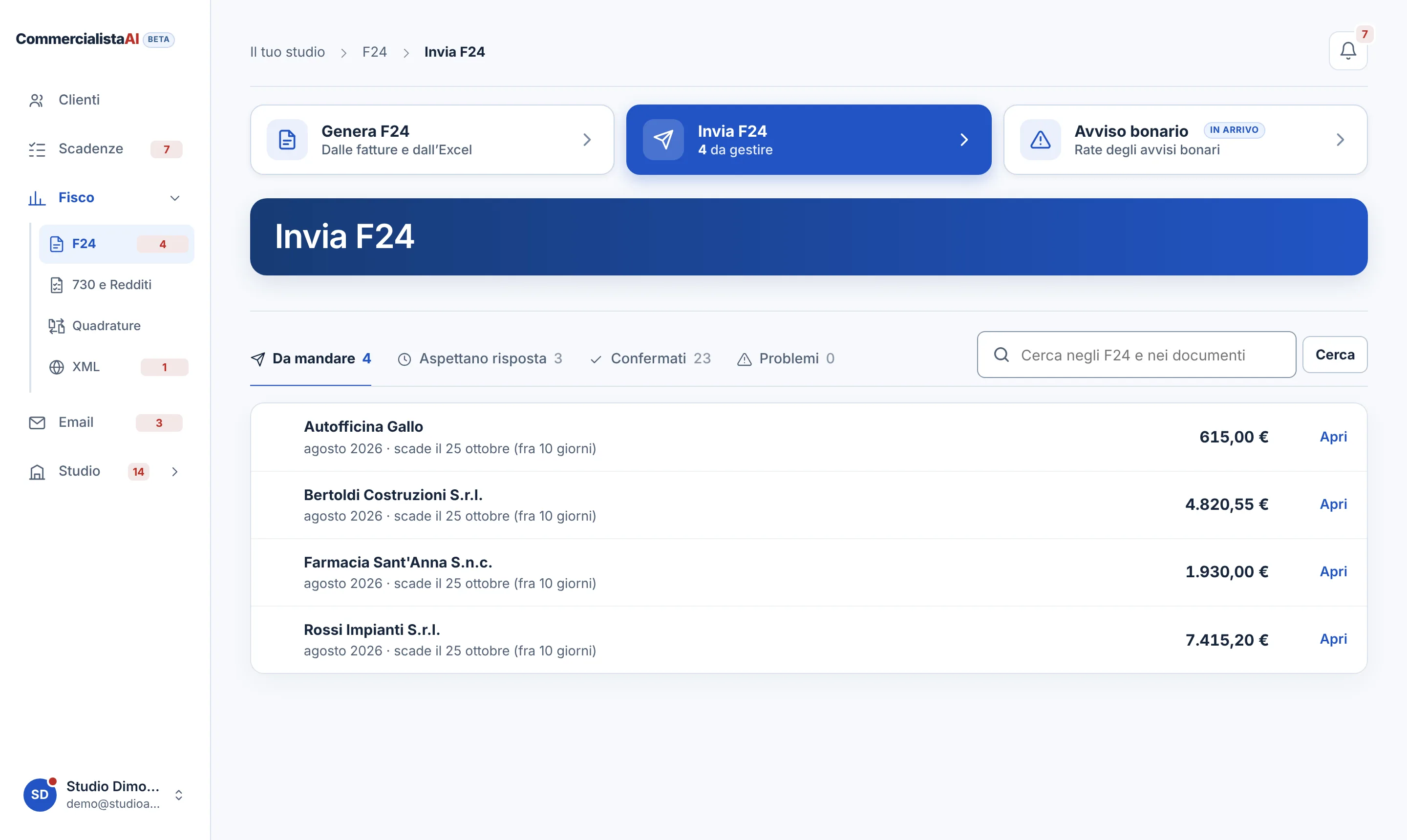 Invia F24: gli F24 del mese da mandare e quelli in attesa della conferma del cliente