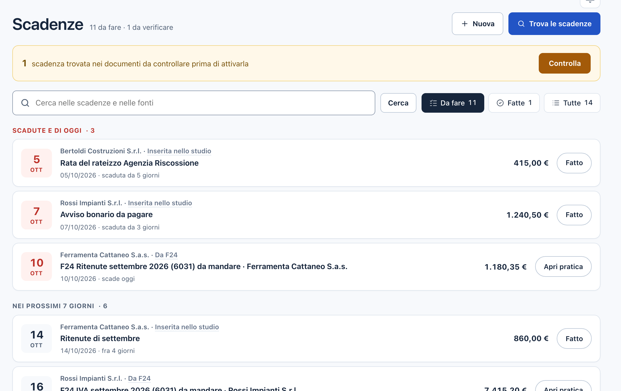 Scadenze nel programma: la fascia gialla con la scadenza trovata nei documenti da controllare, i filtri Da fare, Fatte e Tutte e le scadute in rosso con il pulsante Fatto