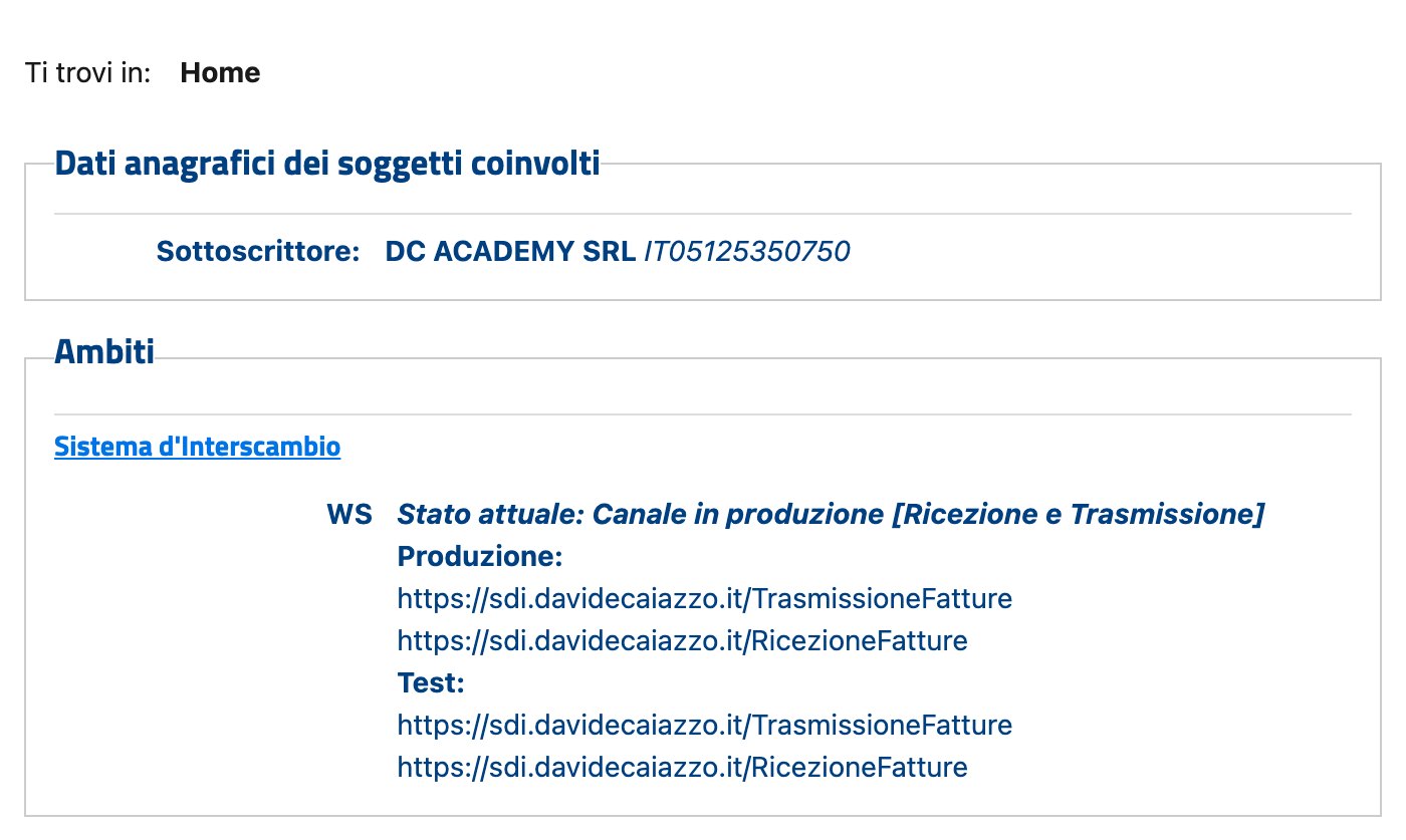 Portale ufficiale di accreditamento, pagina Home. Sottoscrittore: DC ACADEMY SRL, IT05125350750. Ambito Sistema d’Interscambio, canale WS. Stato attuale: Canale in produzione [Ricezione e Trasmissione]. Indirizzi di produzione: https://sdi.davidecaiazzo.it/TrasmissioneFatture e https://sdi.davidecaiazzo.it/RicezioneFatture